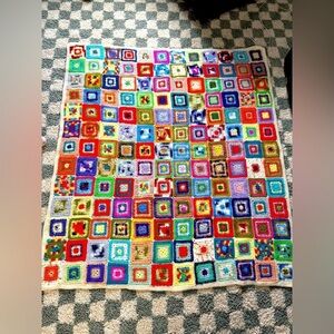 VTG Granny Square Blanket Afghan Crochet Hand Made Patchwork Multi Color Retro